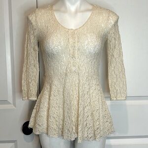 Free People Cream Sheer Stretch Lace Long Sleeve Henley Button Peplum Top XS